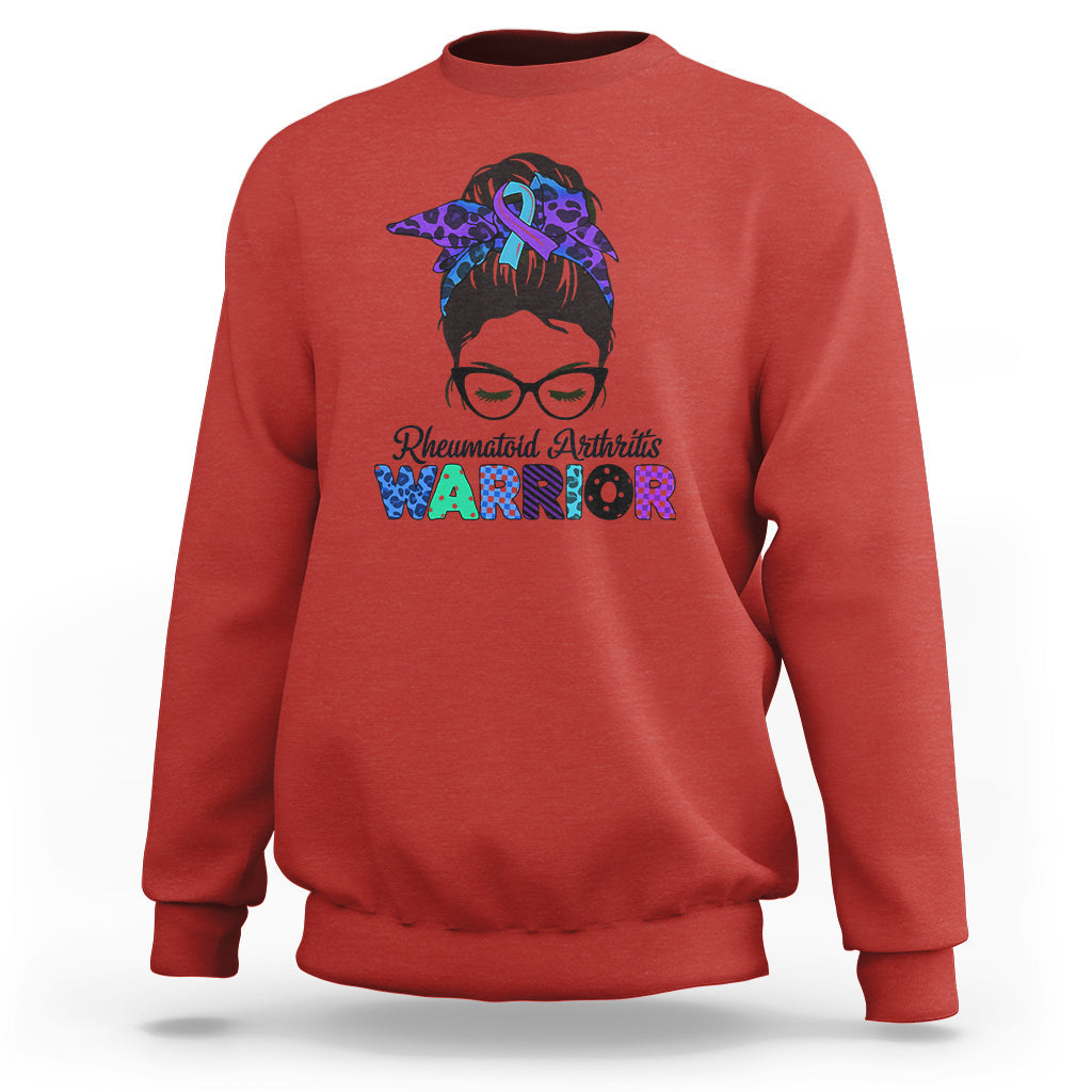 Rheumatoid Arthritis Warrior Sweatshirt Messy Bun Blue Purple Ribbon - Wonder Print Shop