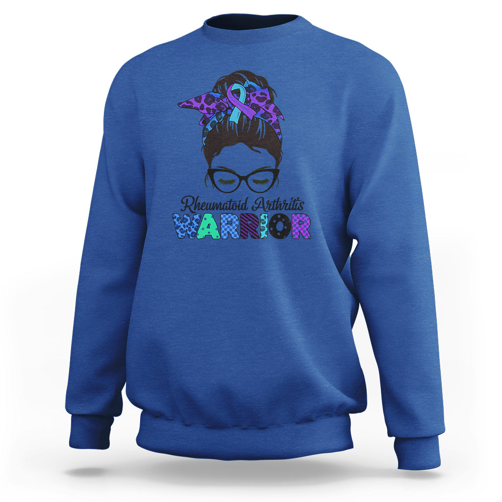 Rheumatoid Arthritis Warrior Sweatshirt Messy Bun Blue Purple Ribbon - Wonder Print Shop