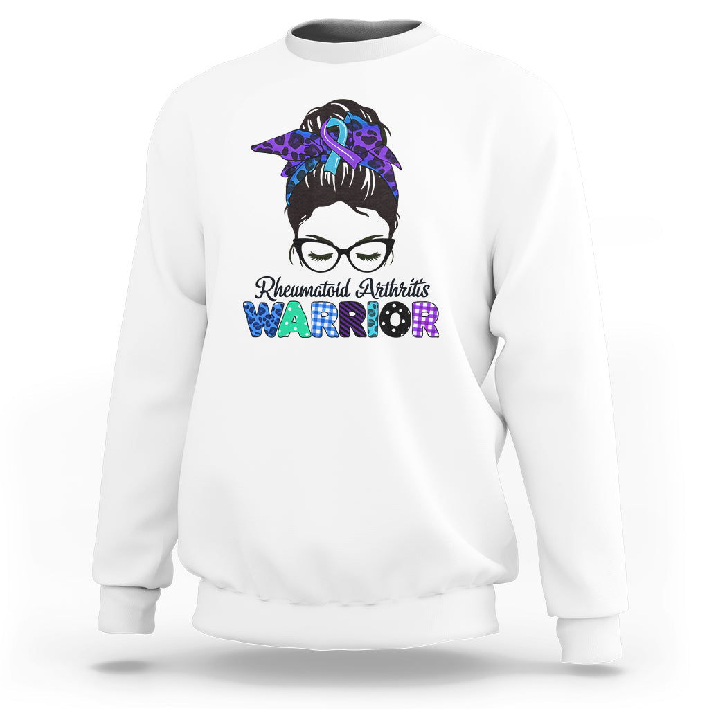 Rheumatoid Arthritis Warrior Sweatshirt Messy Bun Blue Purple Ribbon - Wonder Print Shop