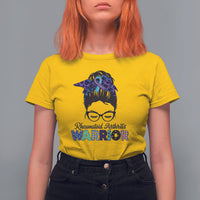 Women’s daisy yellow short-sleeve T-shirt with messy-bun warrior ribbon graphic and glasses