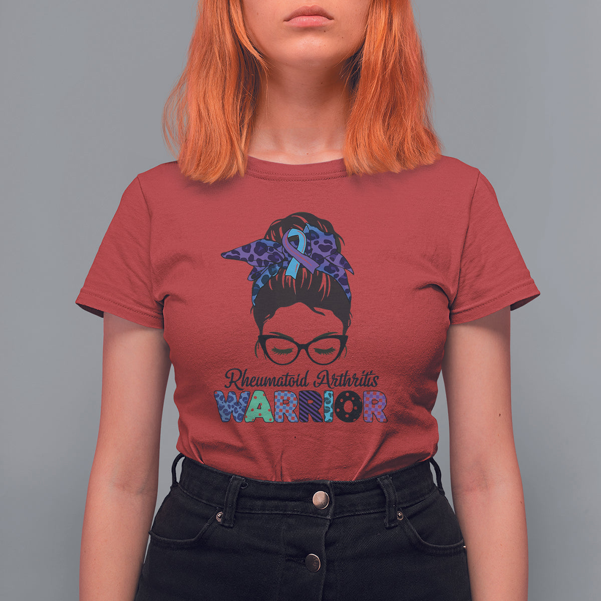 Women’s red short-sleeve T-shirt with messy-bun warrior ribbon graphic and glasses