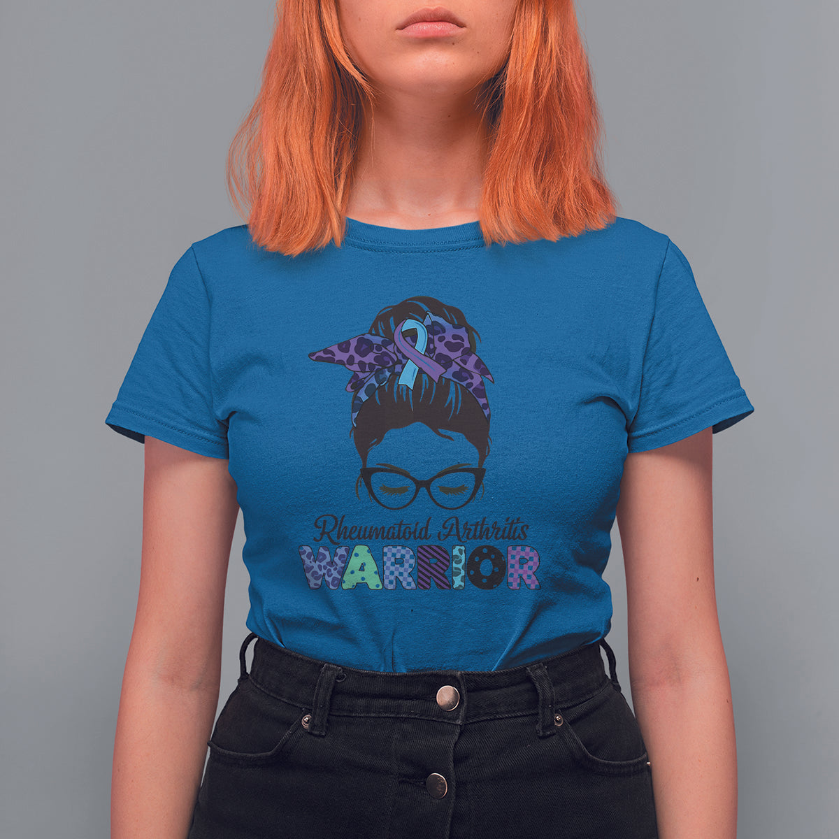 Women’s royal blue short-sleeve T-shirt with messy-bun warrior ribbon graphic and glasses