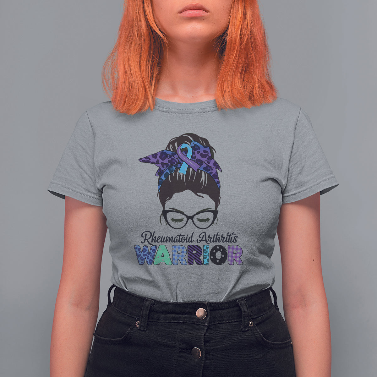 Women’s sport gray short-sleeve T-shirt with messy-bun warrior ribbon graphic and glasses