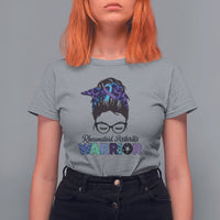 Women’s sport gray short-sleeve T-shirt with messy-bun warrior ribbon graphic and glasses
