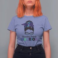 Women’s violet short-sleeve T-shirt with messy-bun warrior ribbon graphic and glasses