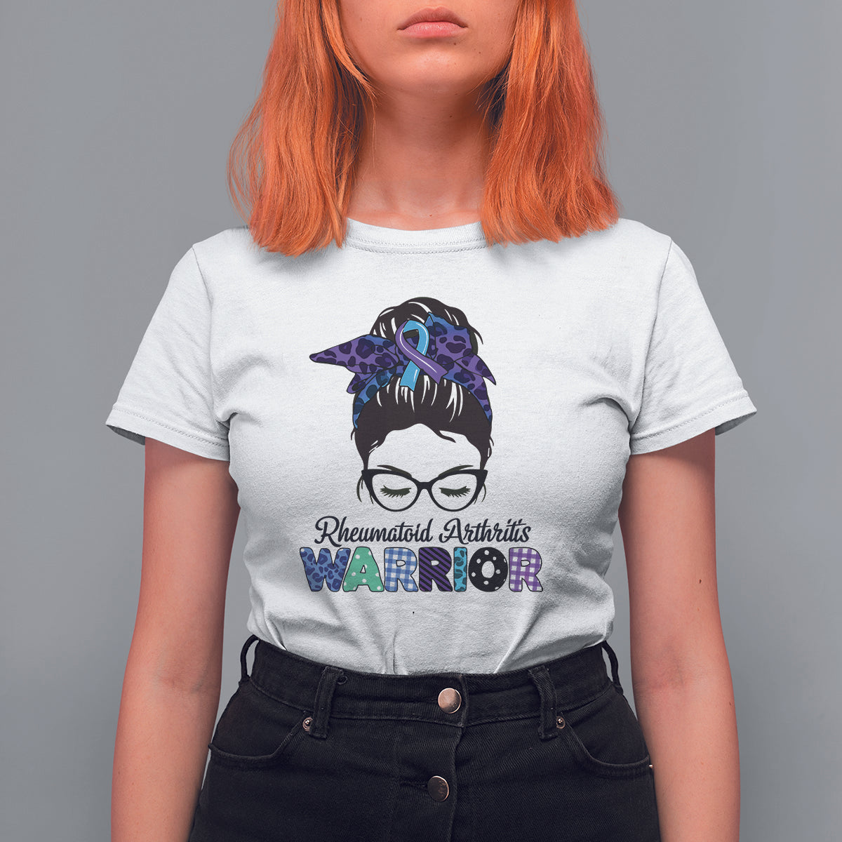 Rheumatoid Arthritis Warrior T Shirt For Women Messy Bun Blue Purple Ribbon - Wonder Print Shop