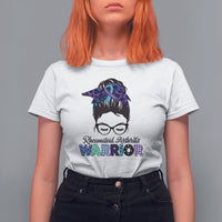 Women’s white short-sleeve T-shirt with messy-bun warrior ribbon graphic and glasses