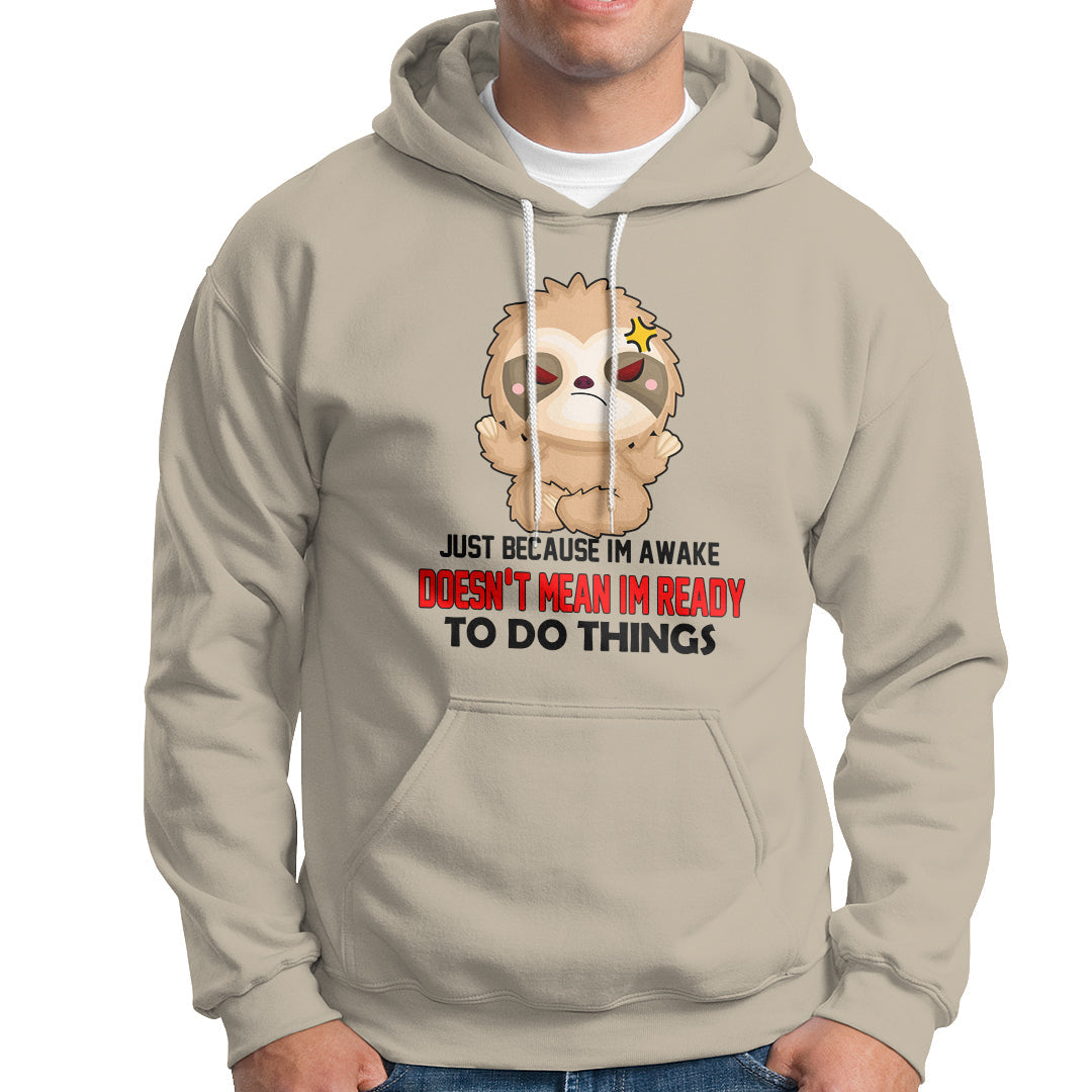 Sand hoodie with kangaroo pocket, drawstring hood, and cartoon face graphic.