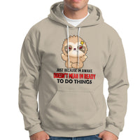 Sand hoodie with kangaroo pocket, drawstring hood, and cartoon face graphic.