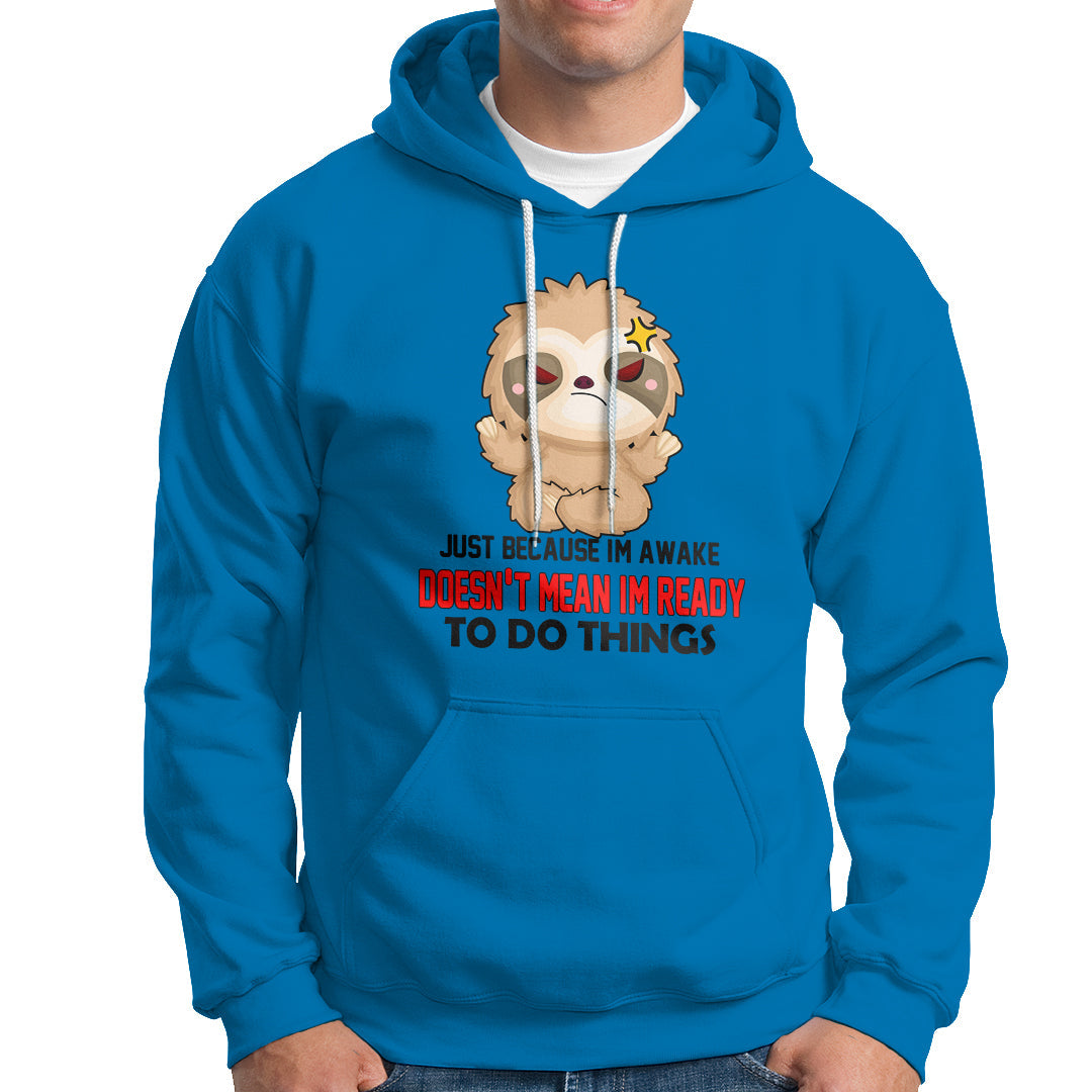 Blue hoodie with kangaroo pocket, drawstring hood, and cartoon face graphic.
