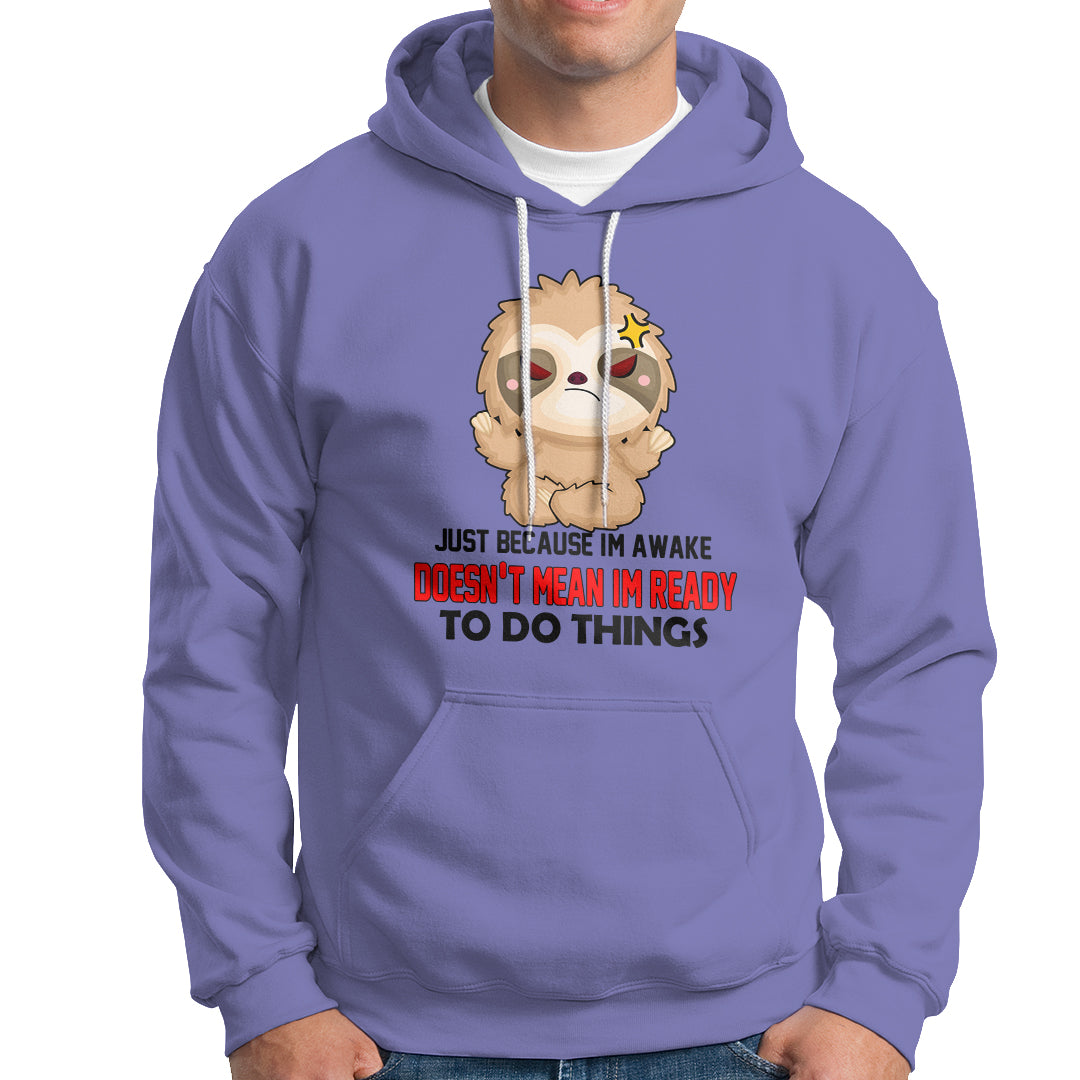 Violet hoodie with kangaroo pocket, drawstring hood, and cartoon face graphic.