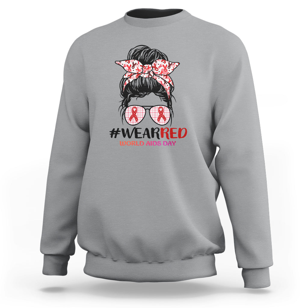 #Wearred World AIDS Day Sweatshirt Messy Bun Red Ribbon - Wonder Print Shop