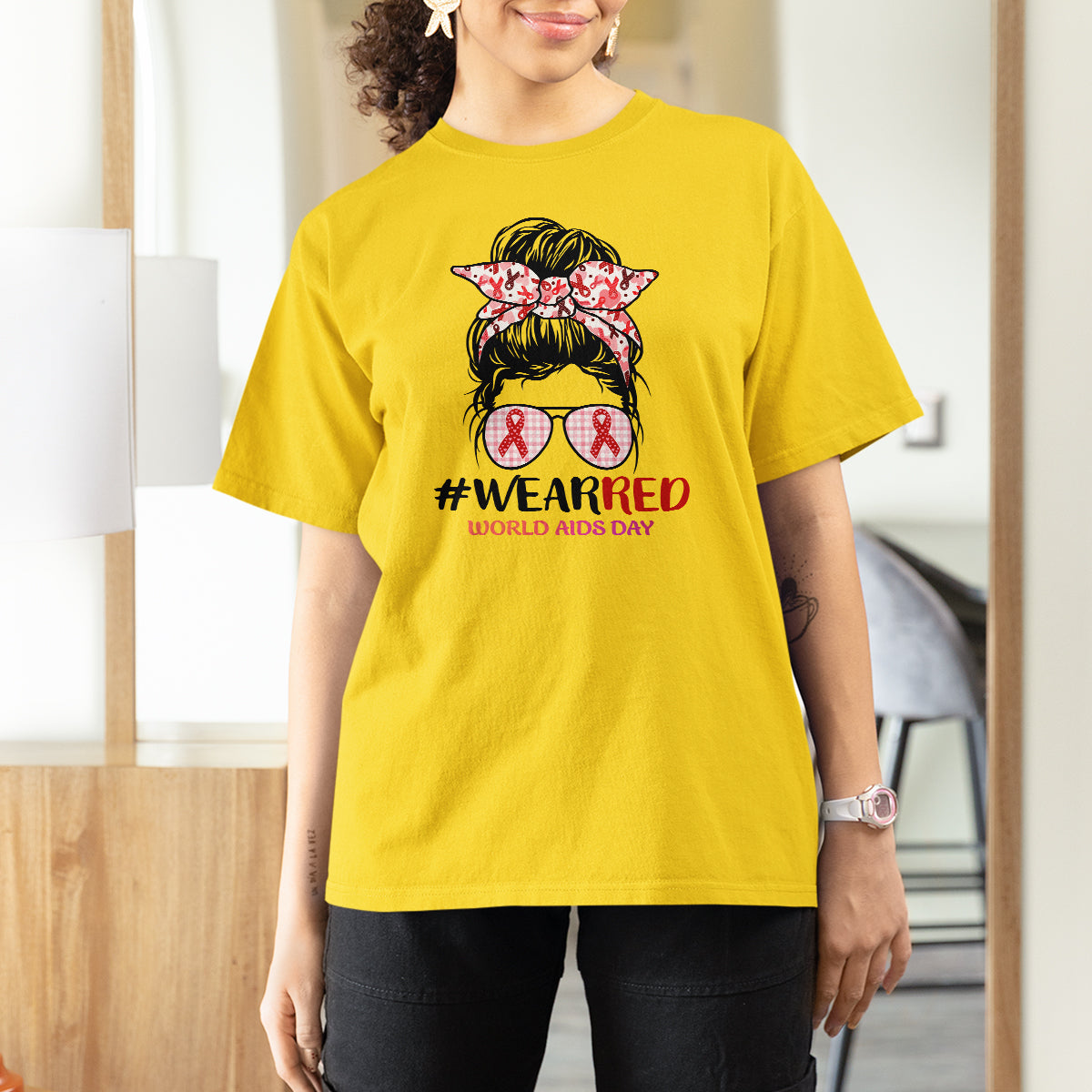 #Wearred World AIDS Day T Shirt For Women Messy Bun Red Ribbon - Wonder Print Shop