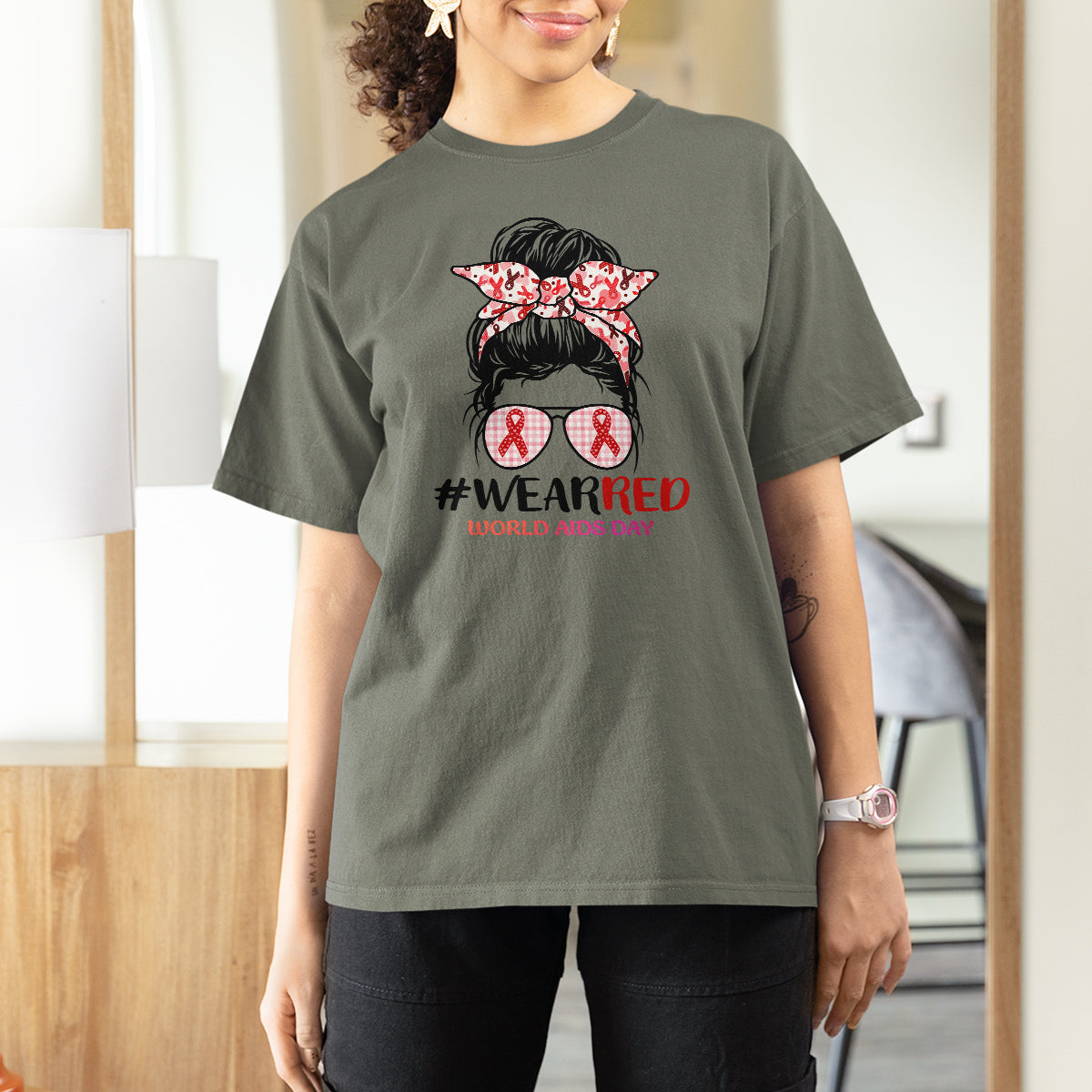 #Wearred World AIDS Day T Shirt For Women Messy Bun Red Ribbon - Wonder Print Shop