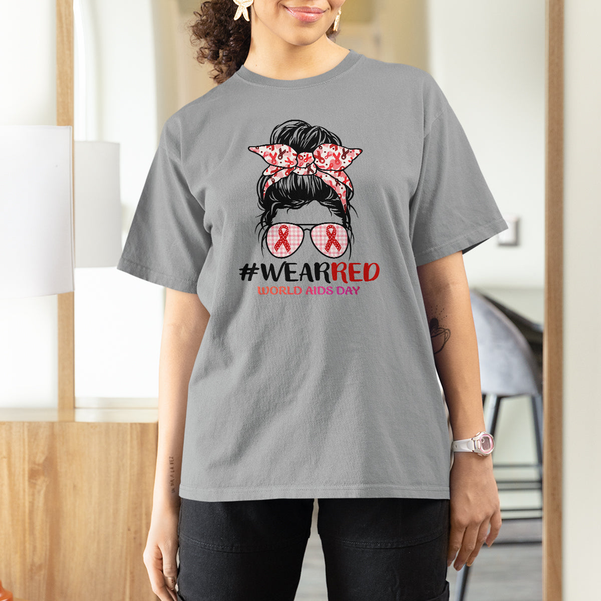 #Wearred World AIDS Day T Shirt For Women Messy Bun Red Ribbon - Wonder Print Shop