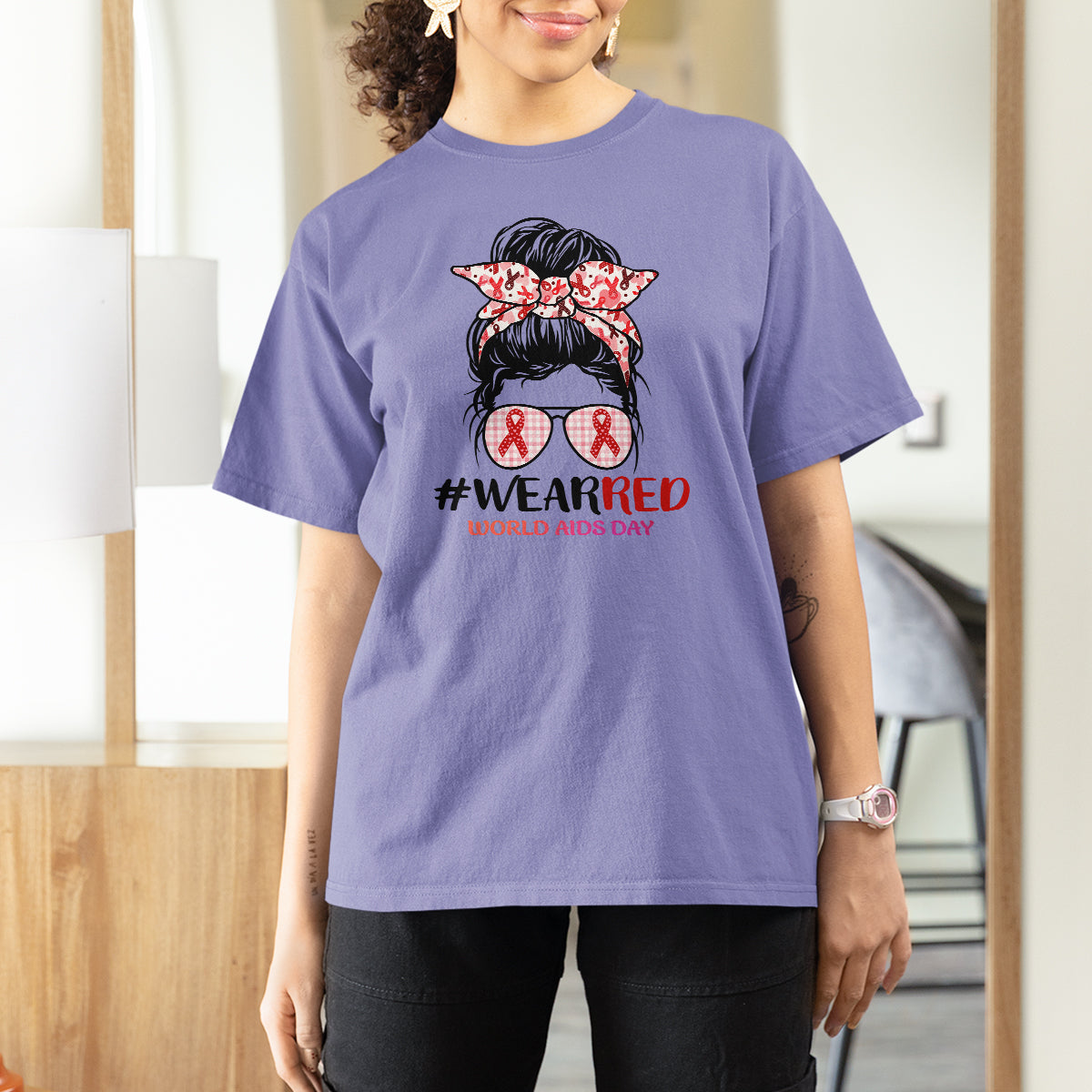#Wearred World AIDS Day T Shirt For Women Messy Bun Red Ribbon - Wonder Print Shop