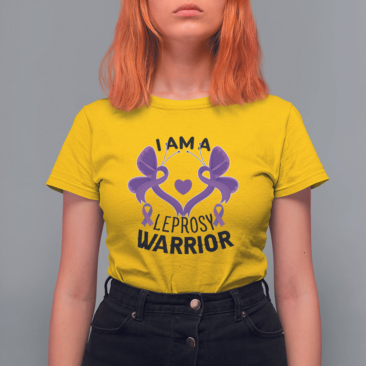 Women’s graphic T-shirt, yellow with purple ribbon-and-butterfly “I AM A… WARRIOR” print