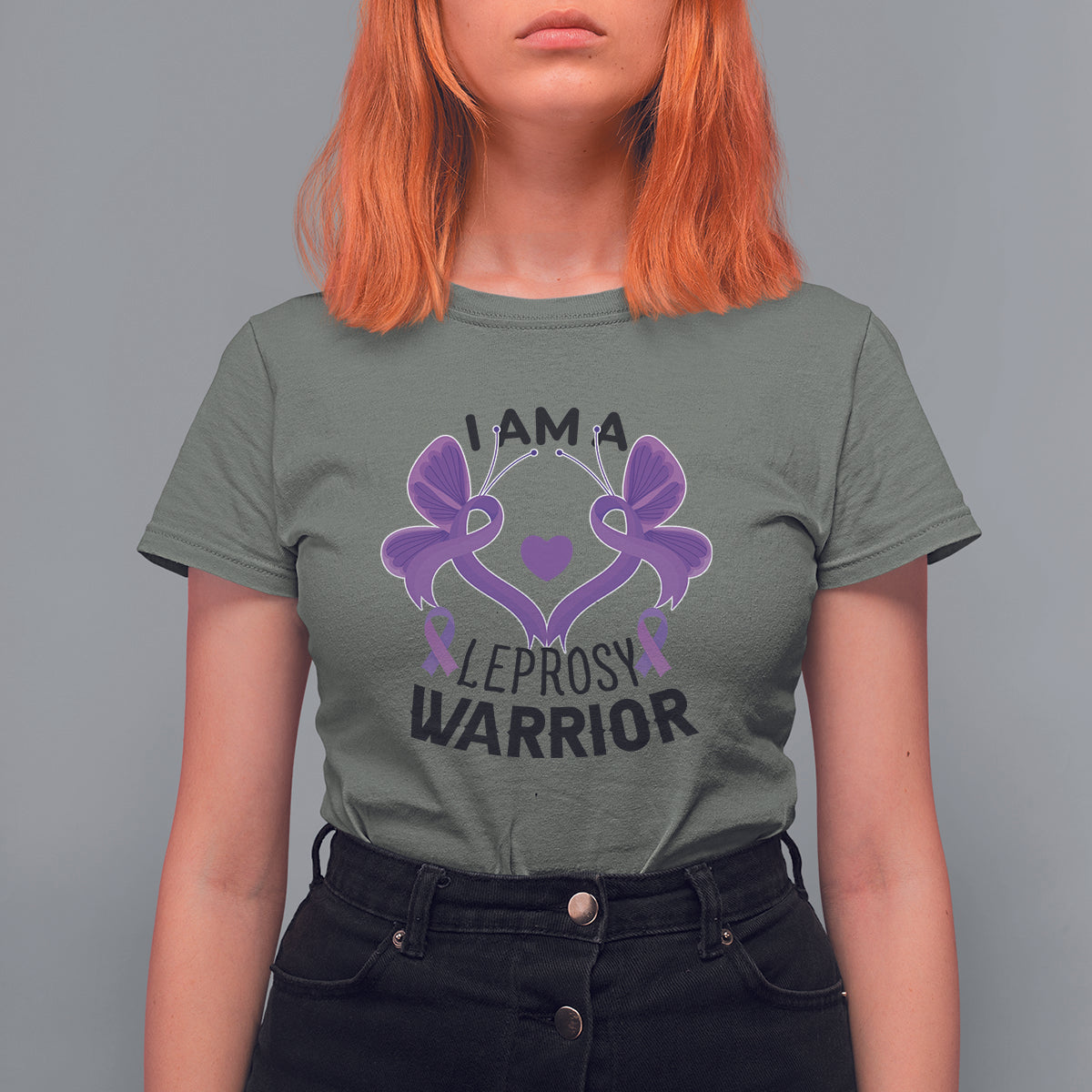 Women’s graphic T-shirt, military green with purple ribbon-and-butterfly “I AM A… WARRIOR” print