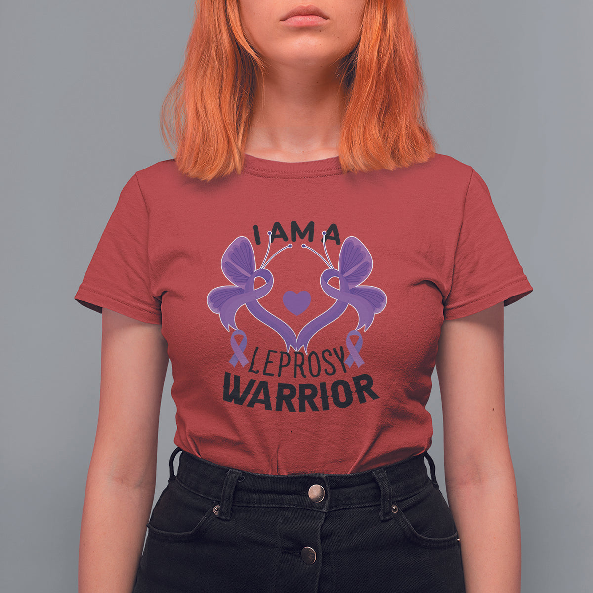Women’s graphic T-shirt, red with purple ribbon-and-butterfly “I AM A… WARRIOR” print