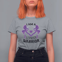 Women’s graphic T-shirt, light gray with purple ribbon-and-butterfly “I AM A… WARRIOR” print