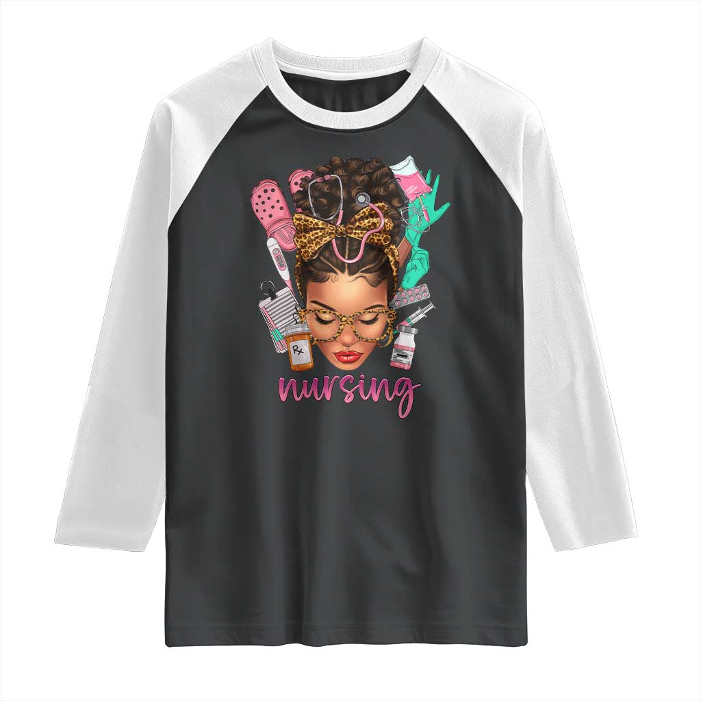 African American Nurse Raglan Shirt Nursing Black Messy Bun