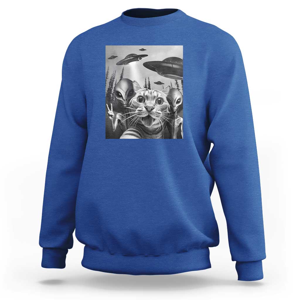 Funny Cat Selfie with UFOs Peace Sign Alien Cat UFO Invasion Sweatshirt - Wonder Print Shop