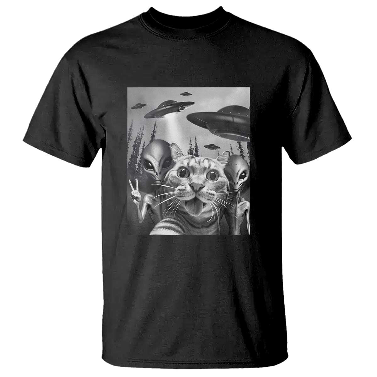 Funny Cat Selfie with UFOs Peace Sign Alien Cat UFO Invasion T Shirt - Wonder Print Shop