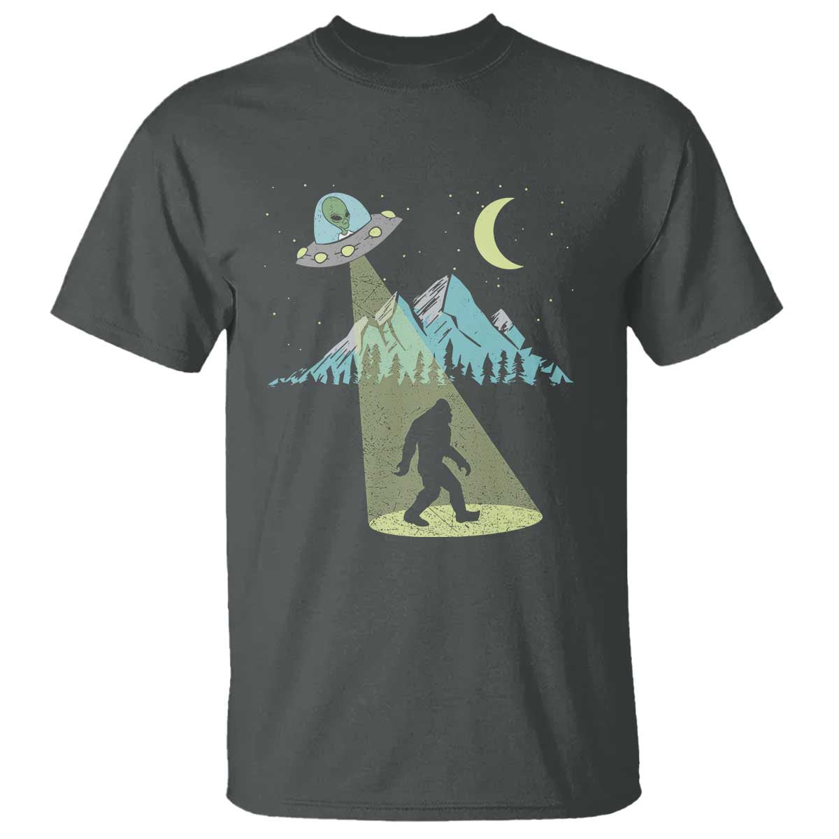 Bigfoot UFO Abduction Moon & Mountain Alien Vintage Graphic T Shirt - Wonder Print Shop