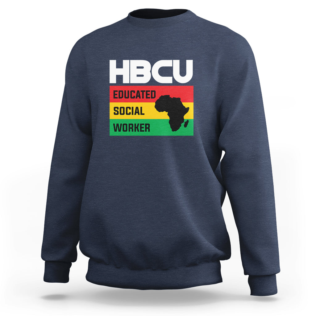 Navy crewneck sweatshirt with HBCU Educated Social Worker front graphic.