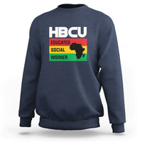 Navy crewneck sweatshirt with HBCU Educated Social Worker front graphic.