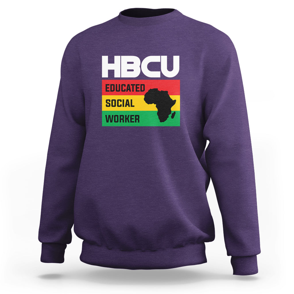 Purple crewneck sweatshirt with HBCU Educated Social Worker front graphic.