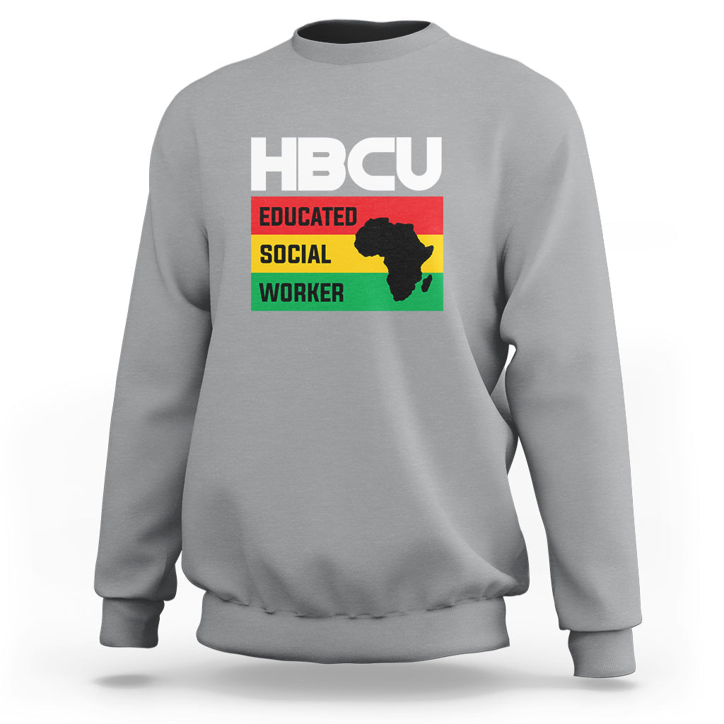 Sport gray crewneck sweatshirt with HBCU Educated Social Worker front graphic.