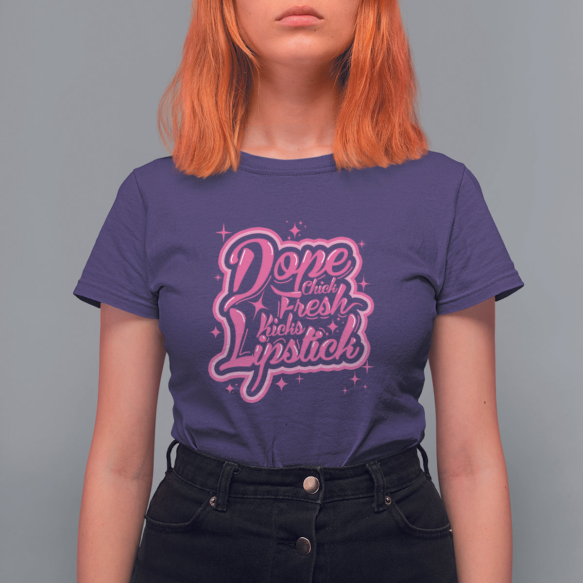Women’s purple t-shirt with pink “Dope Chick Fresh Kicks Lipstick” graphic