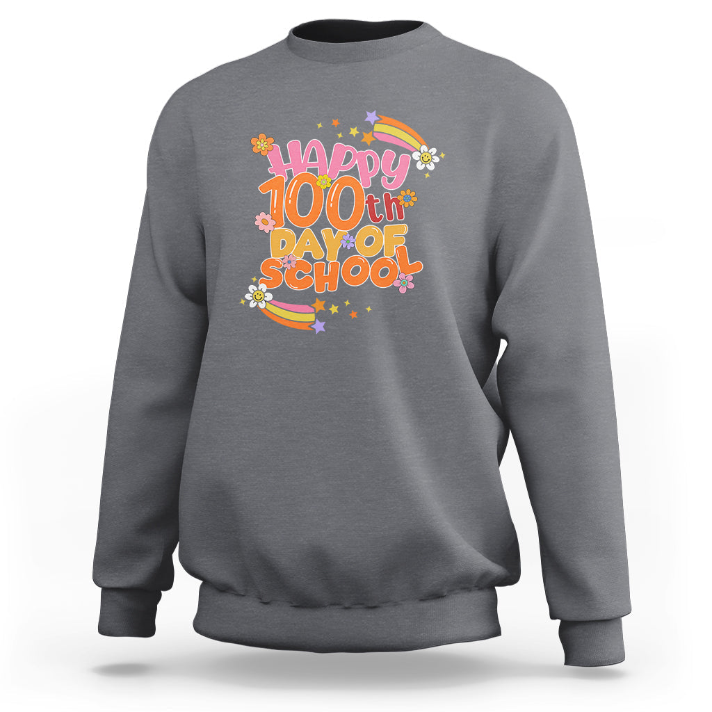 Kids' 100th Day of School sweatshirt in light gray with colorful “Happy 100th Day of School” graphic