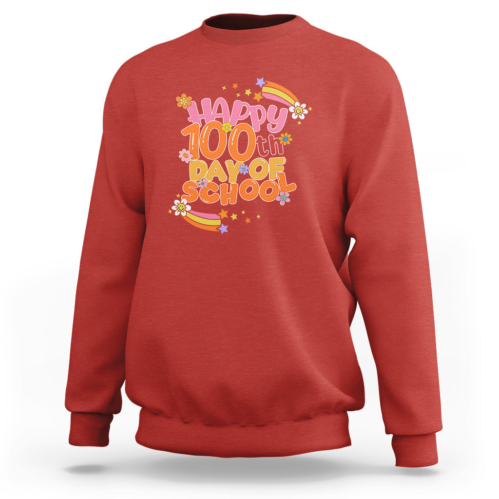 Kids' 100th Day of School sweatshirt in red with colorful “Happy 100th Day of School” graphic
