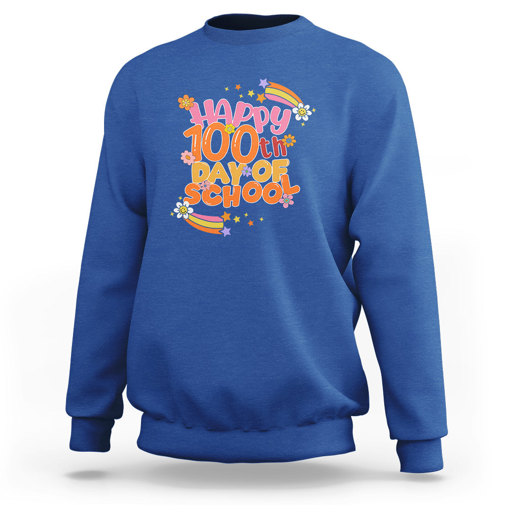 Kids' 100th Day of School sweatshirt in royal blue with colorful “Happy 100th Day of School” graphic