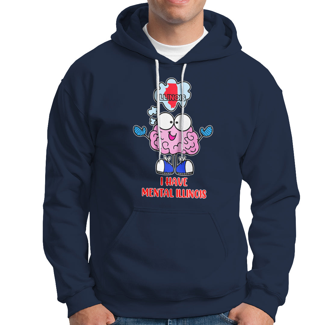 Navy pullover hoodie with front pocket, drawstring, and colorful Mental Illinois graphic.