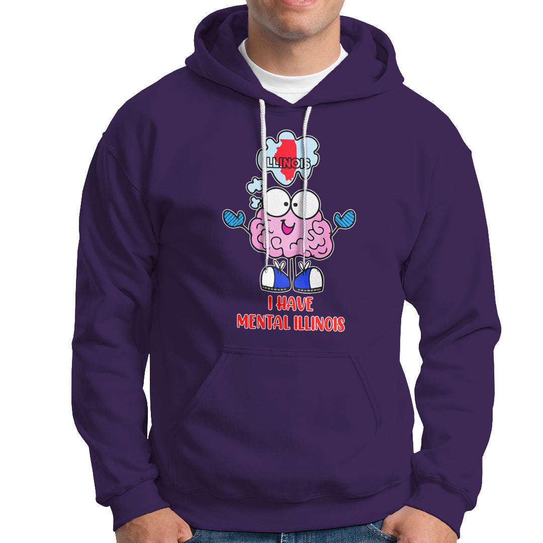 Purple pullover hoodie with front pocket, drawstring, and colorful Mental Illinois graphic.