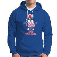 Royal blue pullover hoodie with front pocket, drawstring, and colorful Mental Illinois graphic.