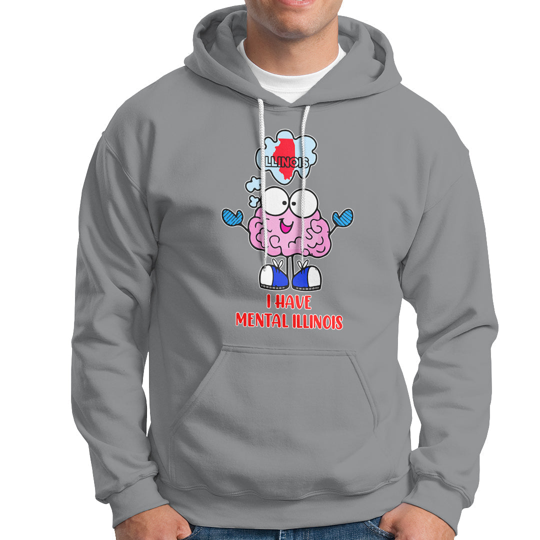 Sport gray pullover hoodie with front pocket, drawstring, and colorful Mental Illinois graphic.