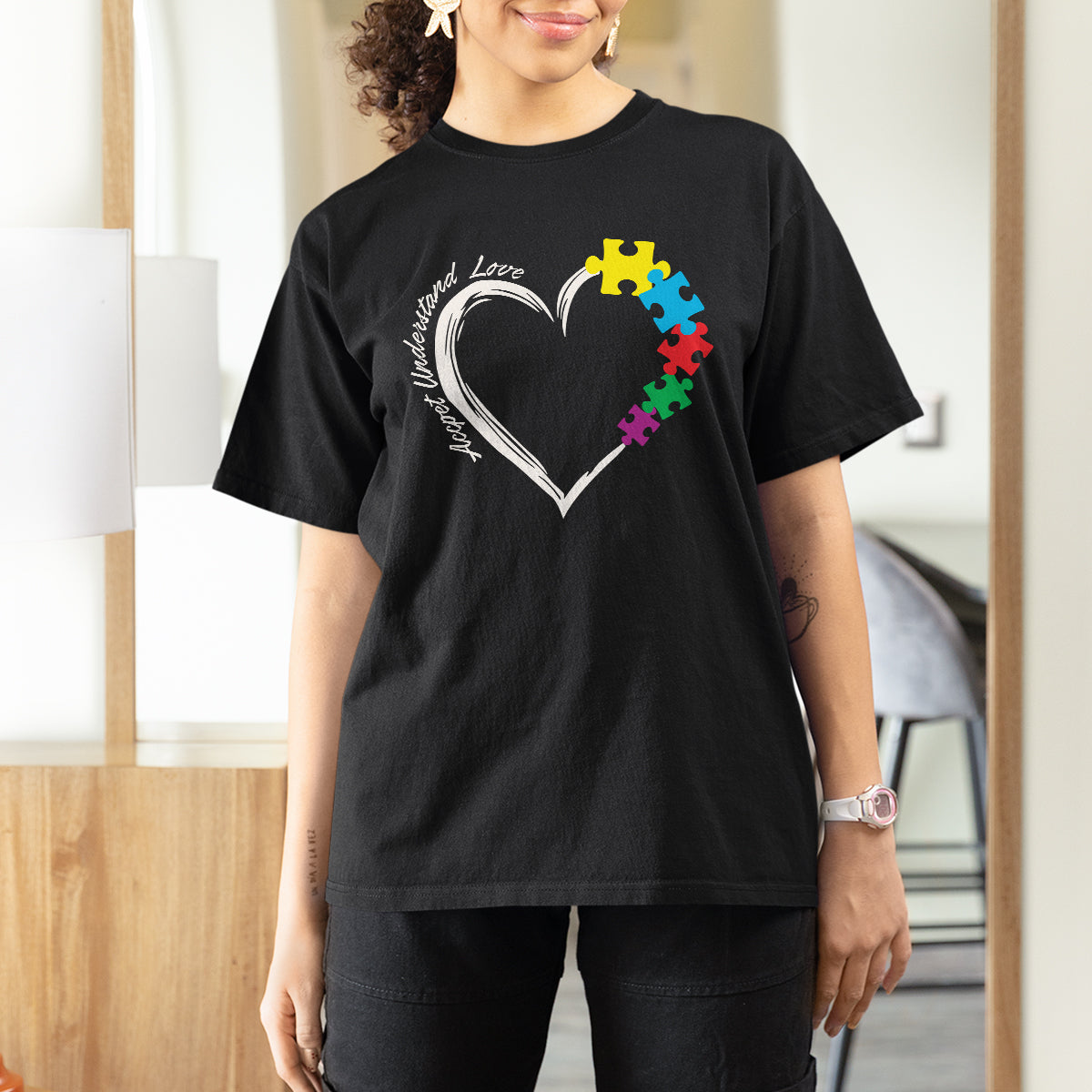 Autism Acceptance T Shirt For Women Accept Understand Love Spectrum Jigsaw Puzzle Heart - Wonder Print Shop