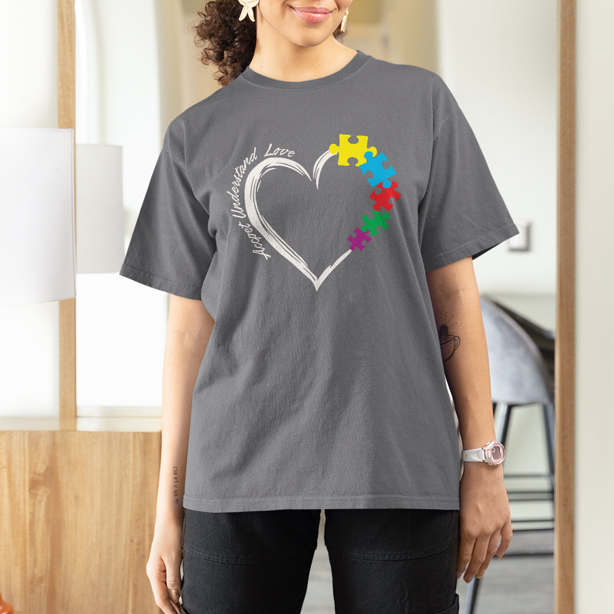 Autism Acceptance T Shirt For Women Accept Understand Love Spectrum Jigsaw Puzzle Heart - Wonder Print Shop