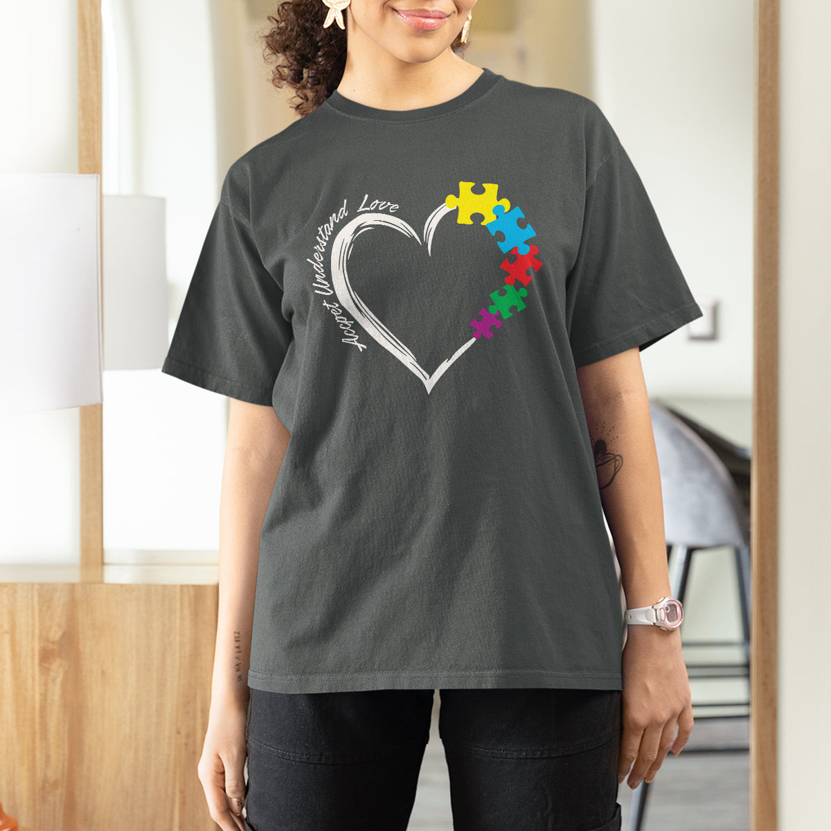 Autism Acceptance T Shirt For Women Accept Understand Love Spectrum Jigsaw Puzzle Heart - Wonder Print Shop