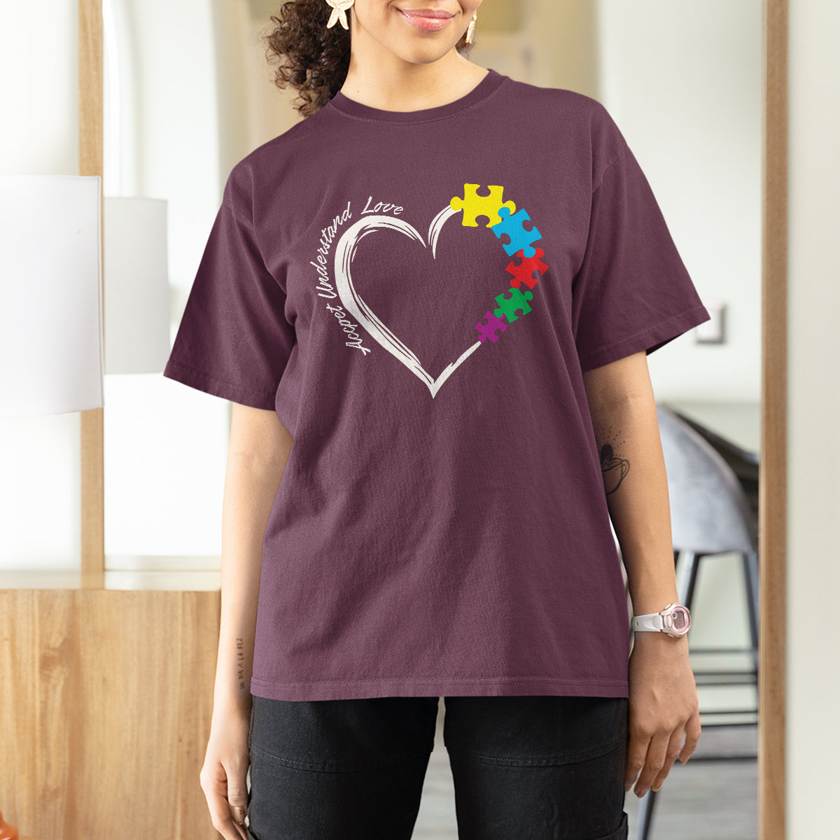 Autism Acceptance T Shirt For Women Accept Understand Love Spectrum Jigsaw Puzzle Heart - Wonder Print Shop