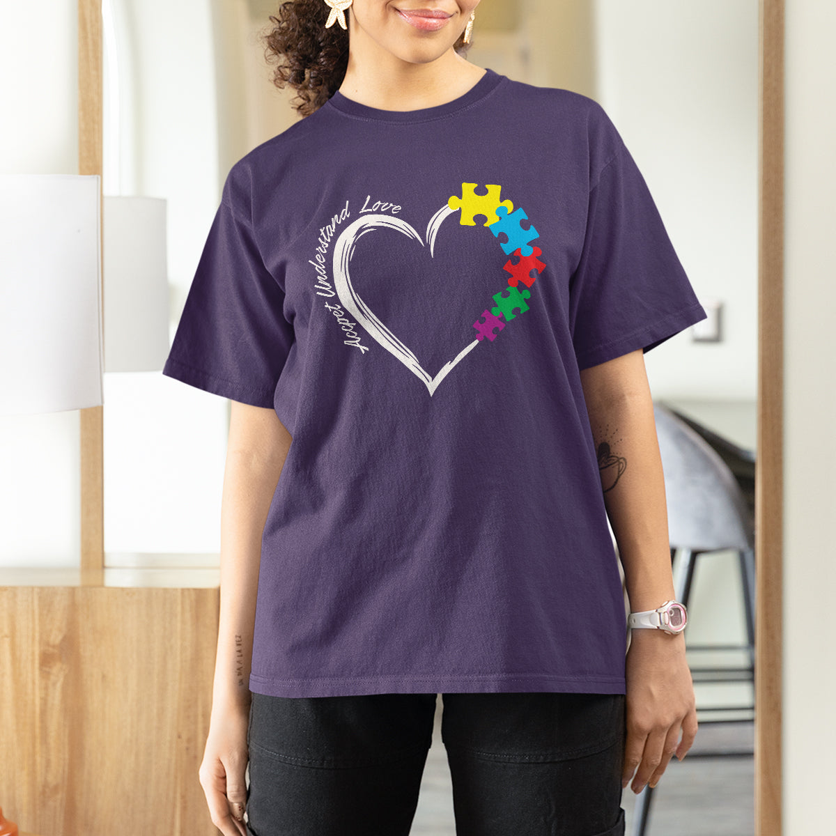 Autism Acceptance T Shirt For Women Accept Understand Love Spectrum Jigsaw Puzzle Heart - Wonder Print Shop