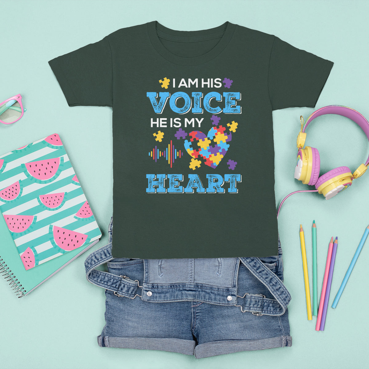 Autism Parents T Shirt For Kid I Am His Voice He Is My Heart Puzzle Heart - Wonder Print Shop