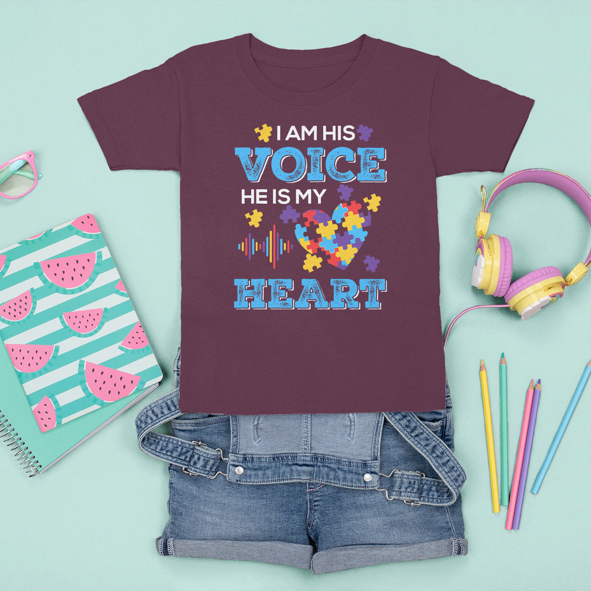 Autism Parents T Shirt For Kid I Am His Voice He Is My Heart Puzzle Heart - Wonder Print Shop