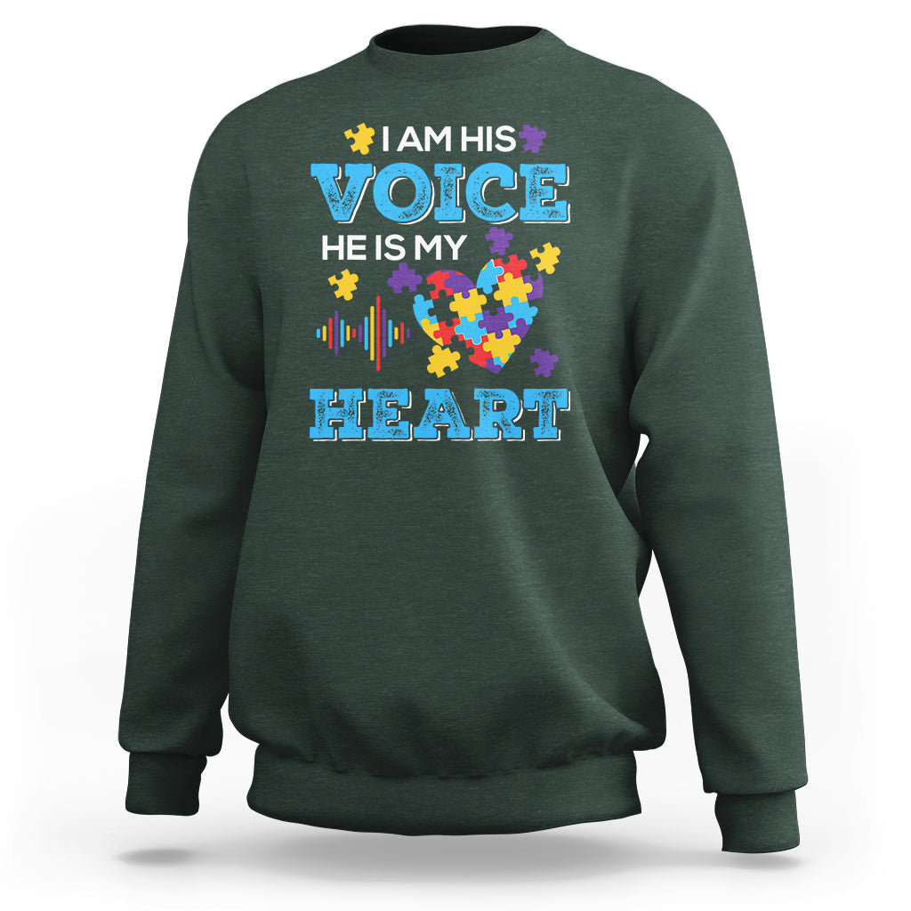 Autism Parents Sweatshirt I Am His Voice He Is My Heart Puzzle Heart - Wonder Print Shop