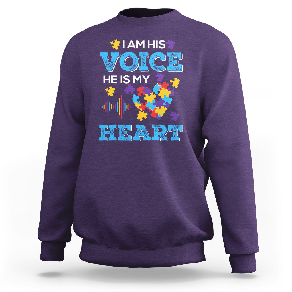 Autism Parents Sweatshirt I Am His Voice He Is My Heart Puzzle Heart - Wonder Print Shop
