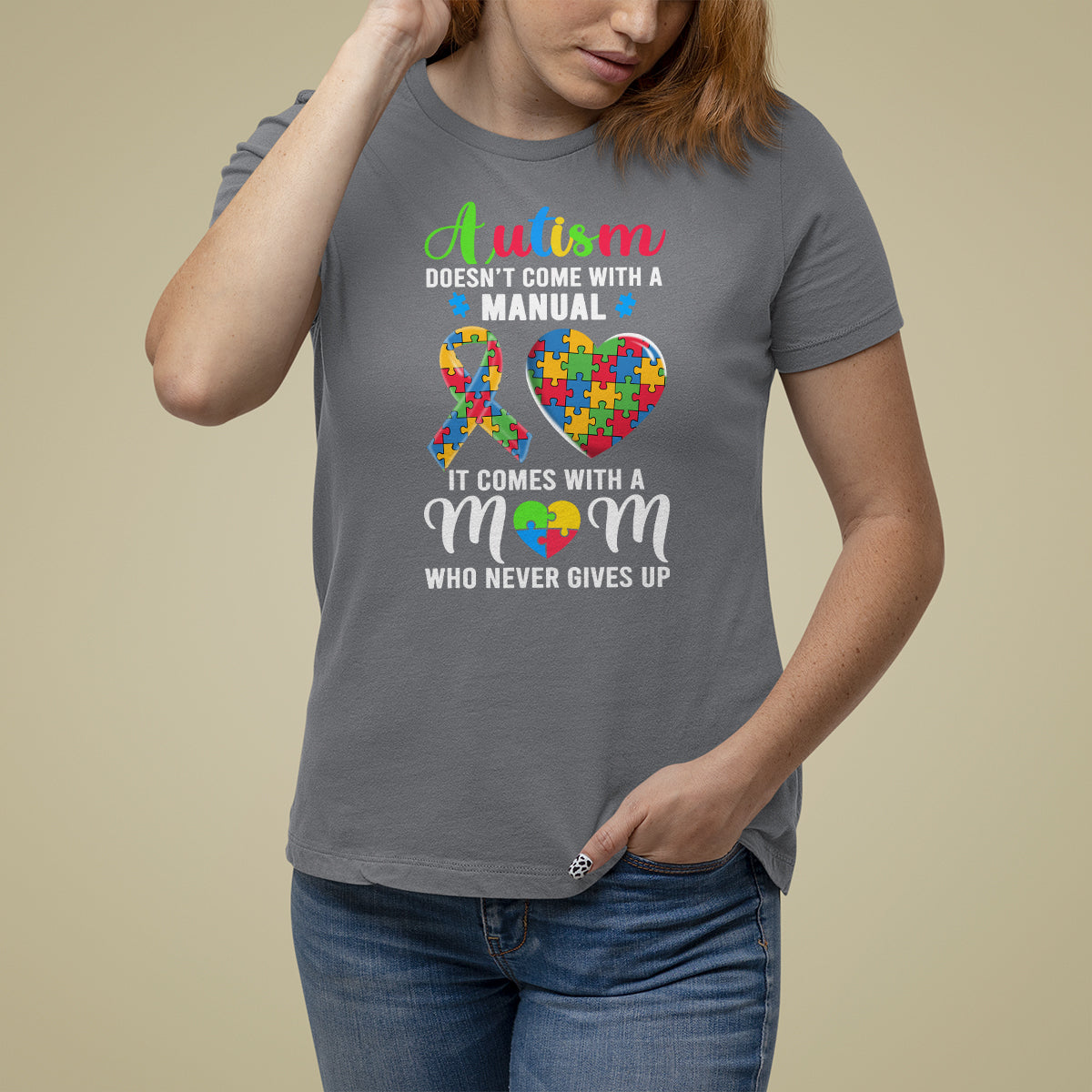 Autism Mom T Shirt For Women It Doesn't Come With A Manual It Comes With A Mother Who Never Gives Up Puzzle Heart - Wonder Print Shop